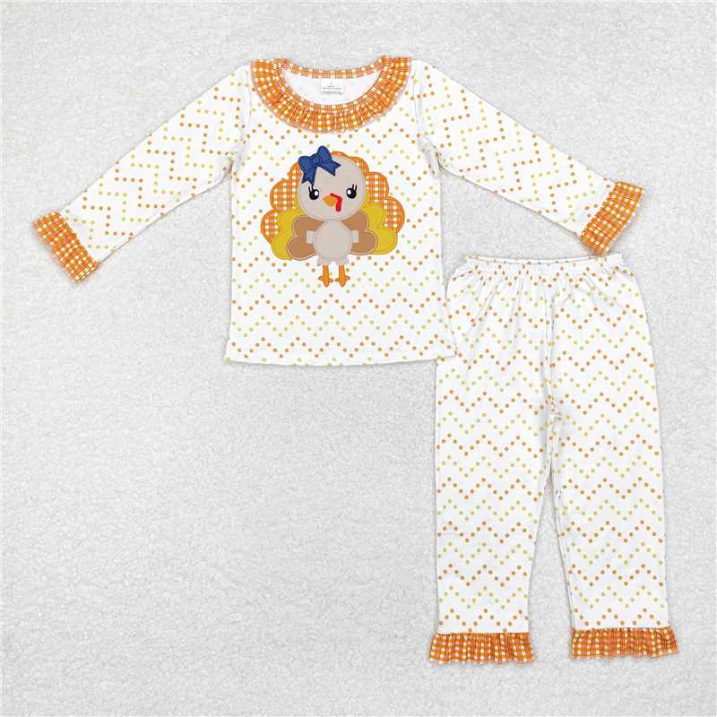 GLP1603 Turkey yellow and orange polka dot plaid lace white long-sleeved long pants pajama set