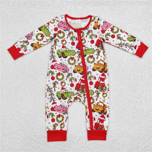 LR1559 cars Modal Christmas cartoon car red and white zipper long sleeve jumpsuit