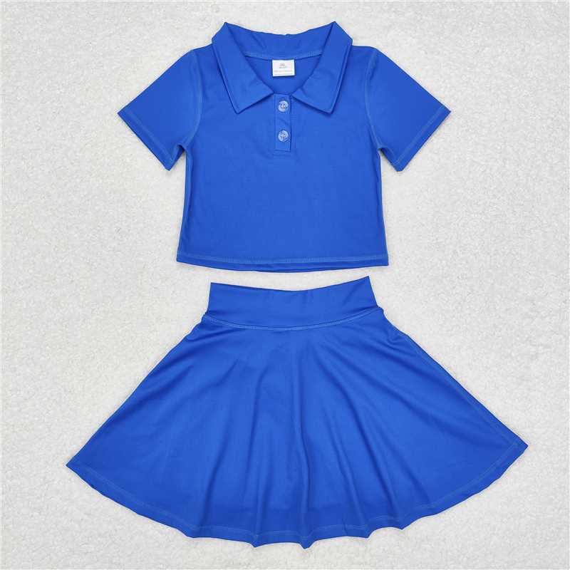 GSD1396 Solid blue short-sleeved skirt yoga suit