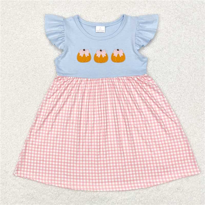 GSD1421 Pink plaid short-sleeved jumpsuit with embroidery pumpkin pattern