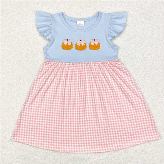 GSD1421 Pink plaid short-sleeved jumpsuit with embroidery pumpkin pattern