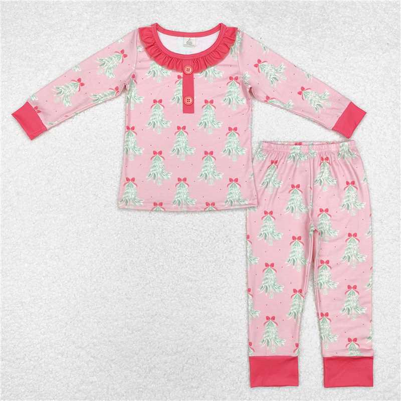 GLP1610 Modal Christmas tree bow pattern lace pink long-sleeved long pants pajamas set