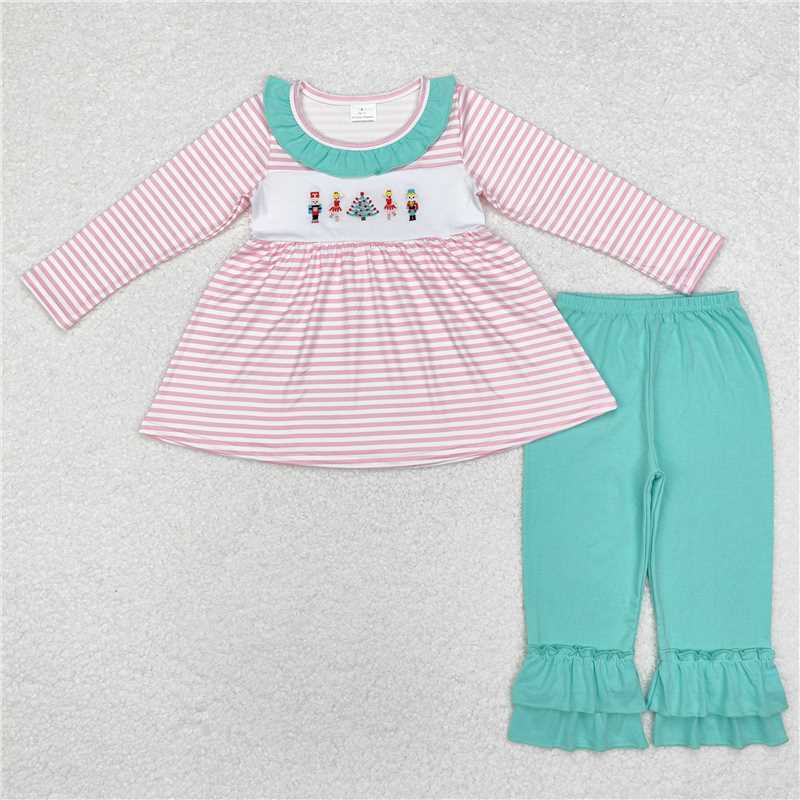 GLP1455 Embroidered Christmas Nutcracker Pink Stripe Long Sleeve Teal Lace Trousers Set