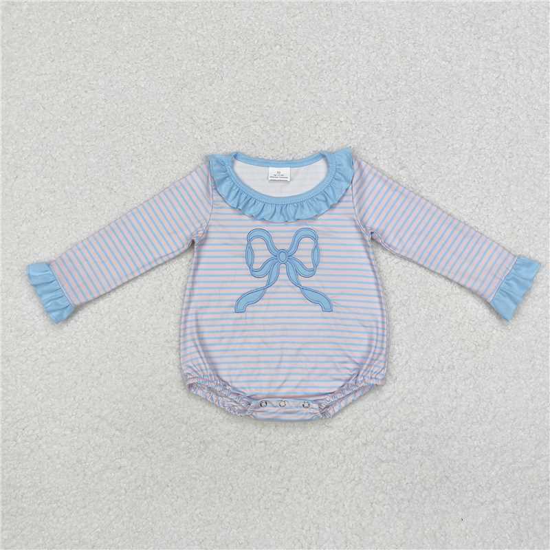 LR1379 Embroidered blue striped bow pattern lace pink legless long-sleeved jumpsuit