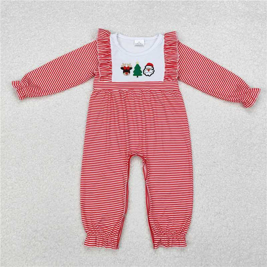 LR1588 Embroidery Elk Christmas Tree Santa Claus Pink Lace Long Sleeve Bodysuit