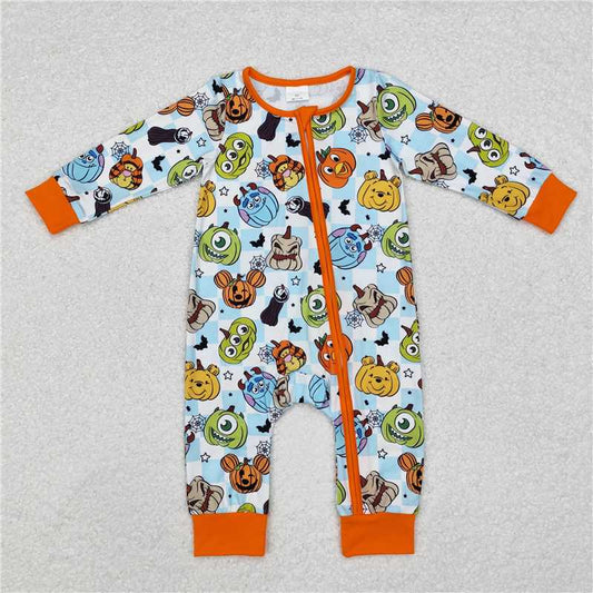 LR1650 Halloween Monsters University orange trim blue and white plaid zipper long sleeve jumpsuit