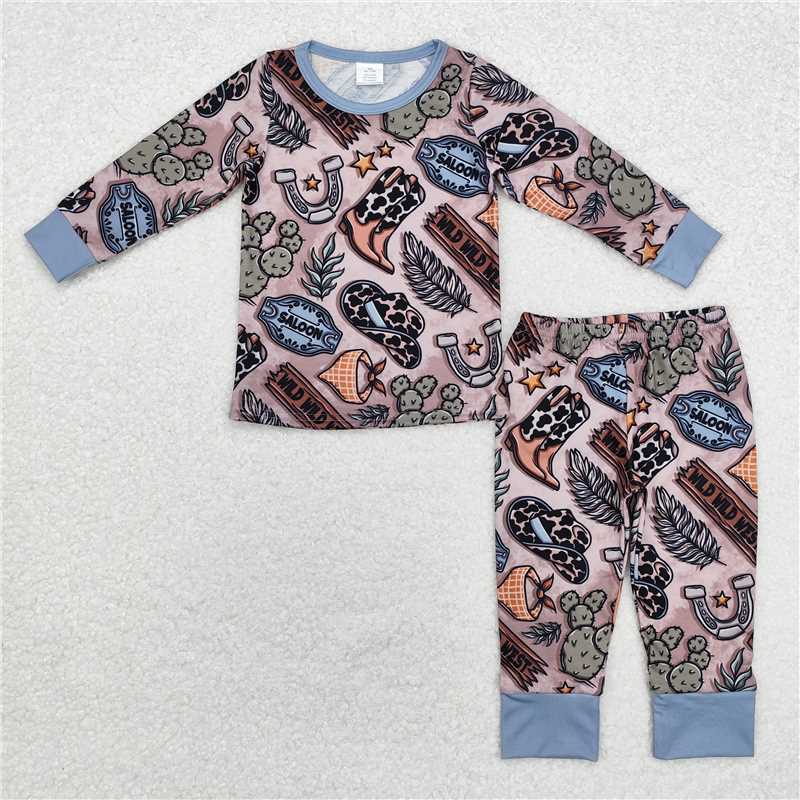 BLP0878 Modal Cactus cowboy hat boots brown blue long sleeves long pants pajama set