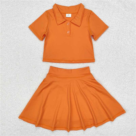 GSD1394 Solid orange short-sleeved skirt yoga suit