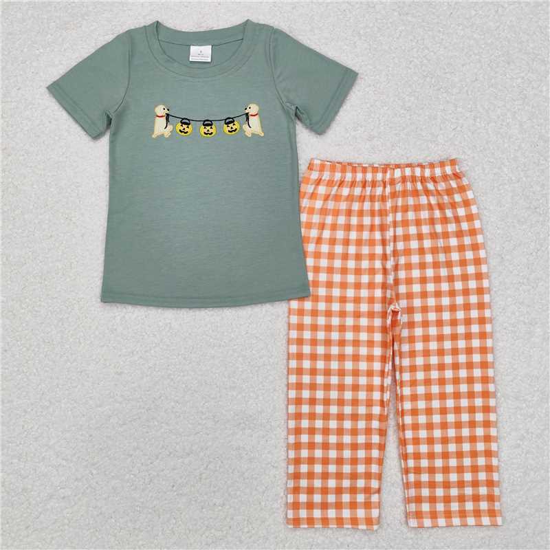 BSPO0405 Embroidered Halloween Jack-O'-Lantern Puppy Teal Short Sleeve Orange Plaid Pants Set