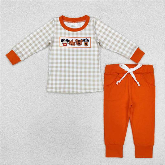 BLP0696 Mickey Maple Leaf Jack-O'-Lantern Plaid Long Sleeve Orange Pants Set