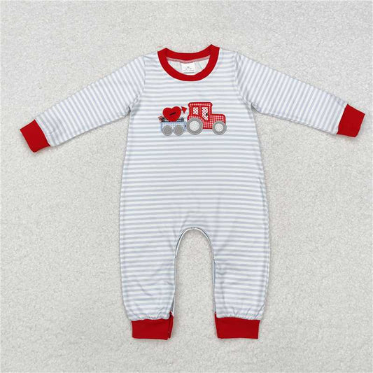 LR1924 Embroidered heart tractor stripes red trim long sleeve jumpsuit