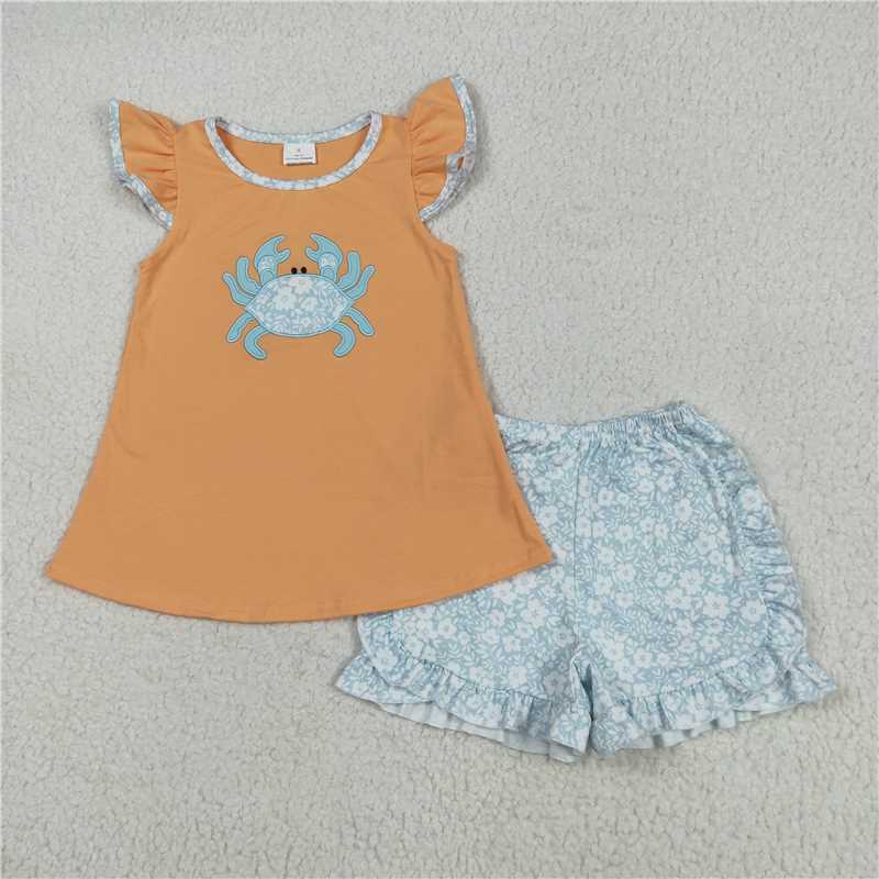 5.19  GSSO2555 Embroidered flower crab orange flying sleeves blue shorts suit