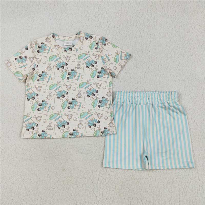 5.22  GSSO2614 Golf sightseeing car beige short-sleeved blue-green striped shorts set