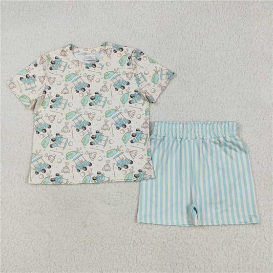 5.30 GSSO2614 Golf cart beige short sleeve blue green striped shorts set