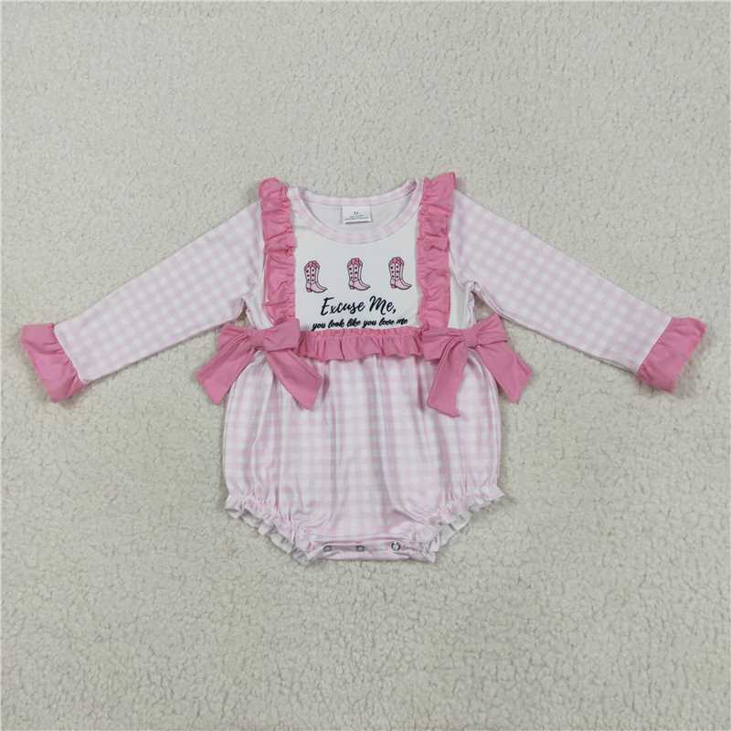 6.23  LR2190 Excuse me letter boots lace bow pink plaid long-sleeved jumpsuit