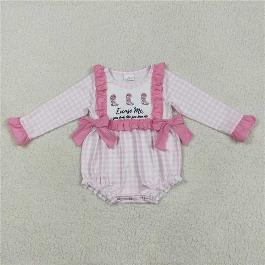 6.23  LR2190 Excuse me letter boots lace bow pink plaid long-sleeved jumpsuit
