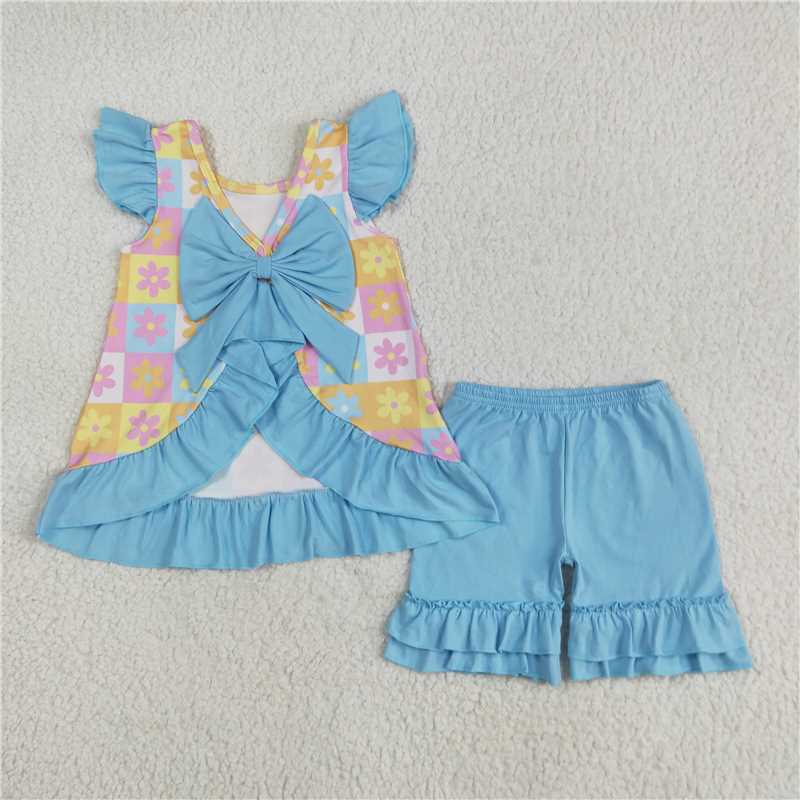 5.30 GSSO2623 Flower color plaid blue bow lace flying sleeve shorts set