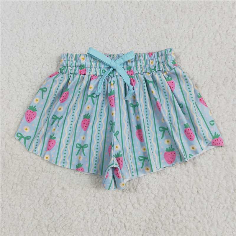 6.3SS0580 Strawberry flower bow pattern wavy blue shorts