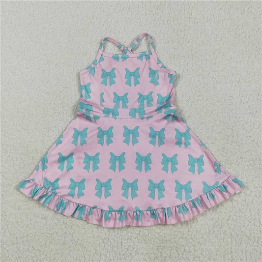 5.22  GSD2293 Pink yoga sleeveless dress with green bow pattern