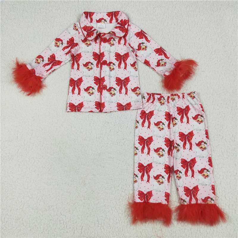 6.23 GLP2373 Santa Claus red bow pattern plush edge long sleeve long pants pajama set