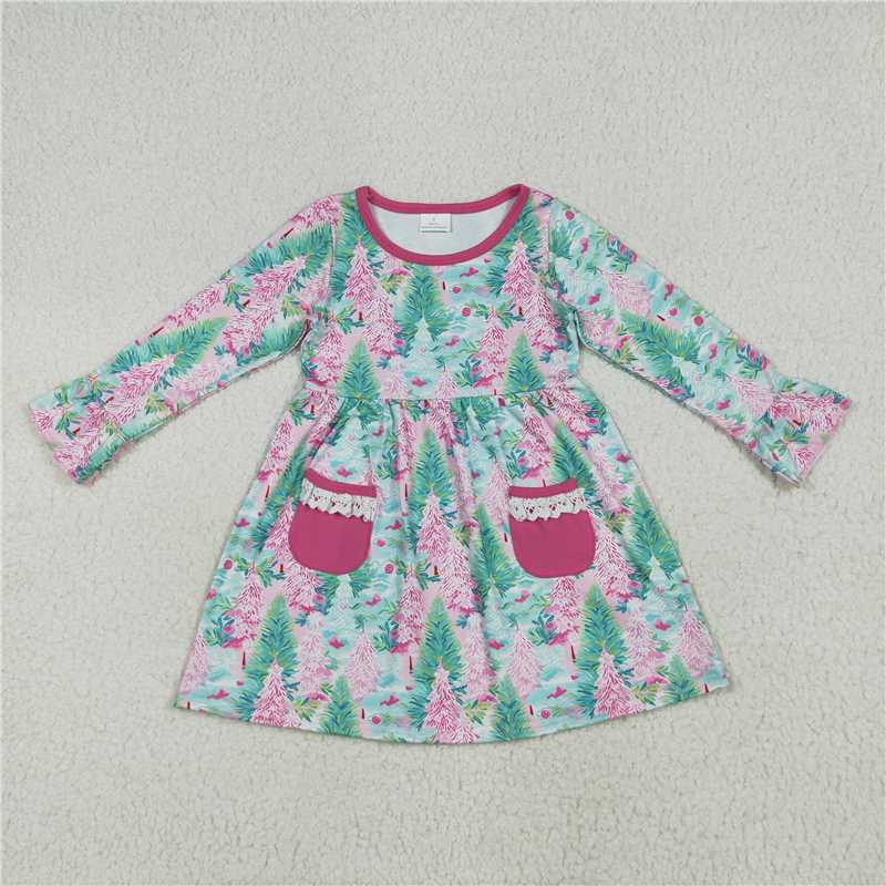 6.23 GLD1072 Christmas tree lace rose red pocket long sleeve dress