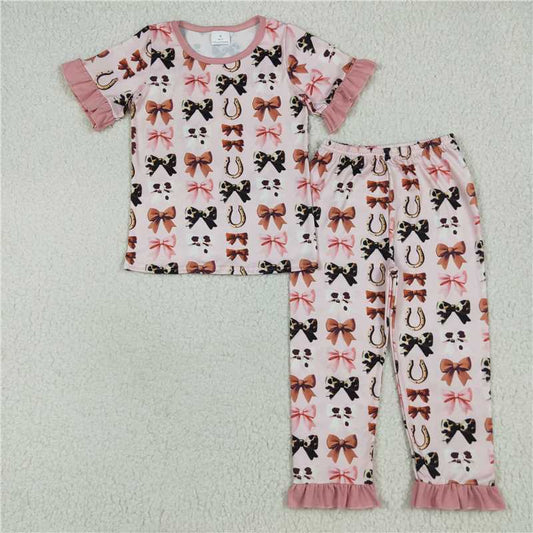6.23GSPO2035 Bow pattern pink lace short-sleeved trousers pajamas set