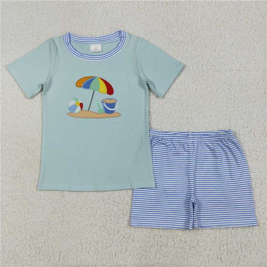 6.24 BSSO1485 Embroidered beach ball parasol short-sleeved blue striped shorts