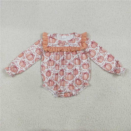 7.24 LR2295 Beige long-sleeved bodysuit with pumpkin orange lace and bow