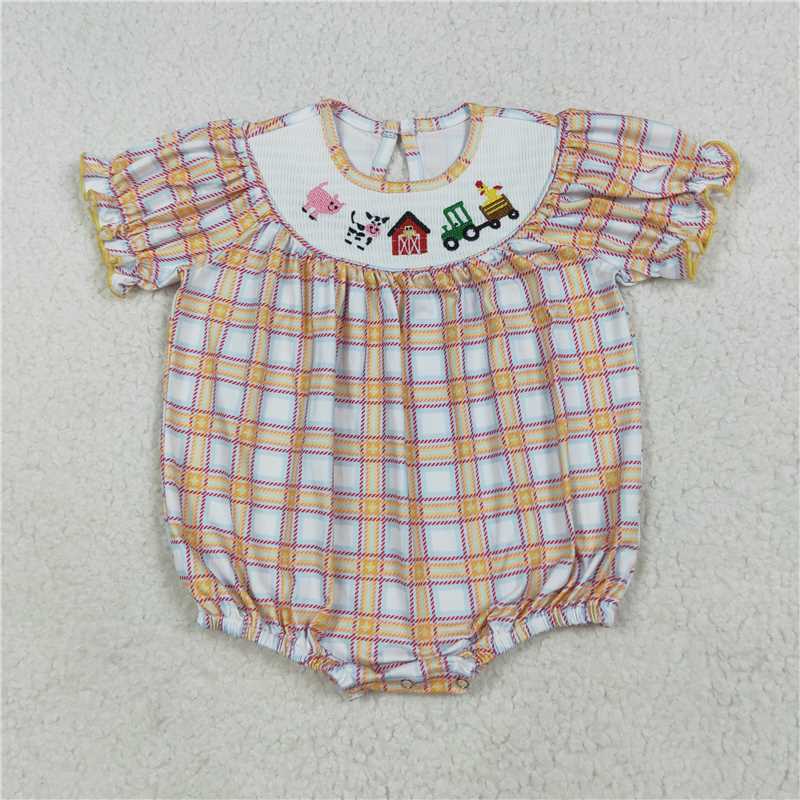 X11.5  SR2982 smocked embroidered farm animal red house orange plaid short-sleeved jumpsuit