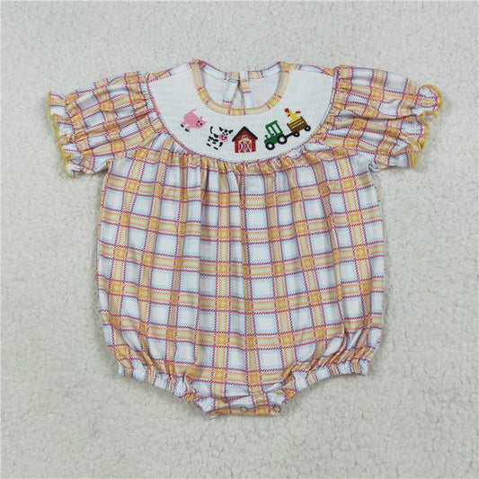 X11.5  SR2982 smocked embroidered farm animal red house orange plaid short-sleeved jumpsuit
