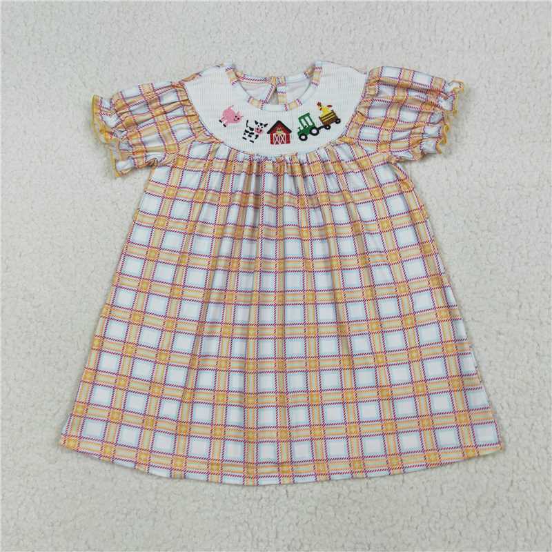 8.7  GSD2276 Smocked embroidered farm animal red house orange plaid short-sleeved dress