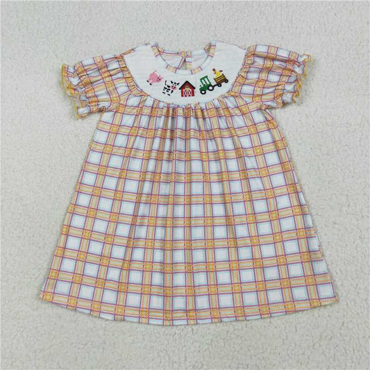 8.7  GSD2276 Smocked embroidered farm animal red house orange plaid short-sleeved dress