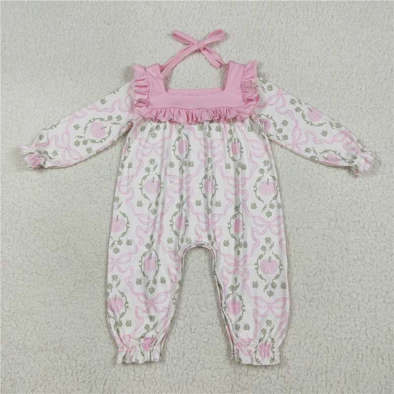 7.24 LR2255 Pumpkin leaf pink bow pattern lace strappy long sleeve jumpsuit