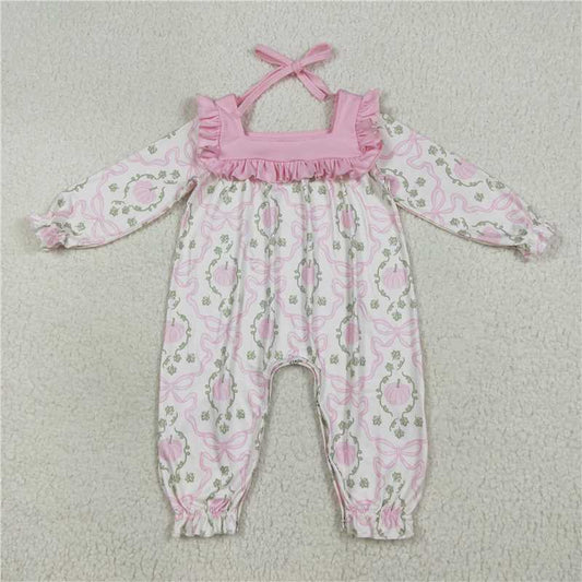 7.24 LR2255 Pumpkin leaf pink bow pattern lace strappy long sleeve jumpsuit