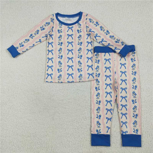 7.24  GLP2505 Flower wave line blue bow pattern long sleeve long pants pajamas set
