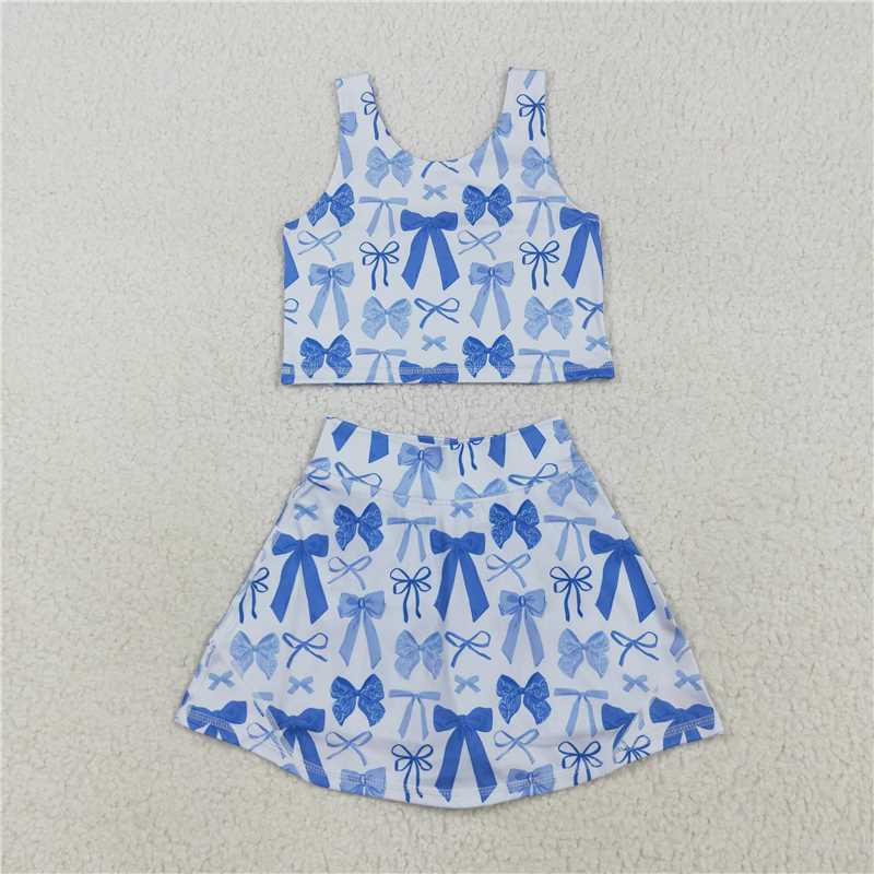 7.24 GSD2640 Blue bow pattern sleeveless pants skirt yoga set
