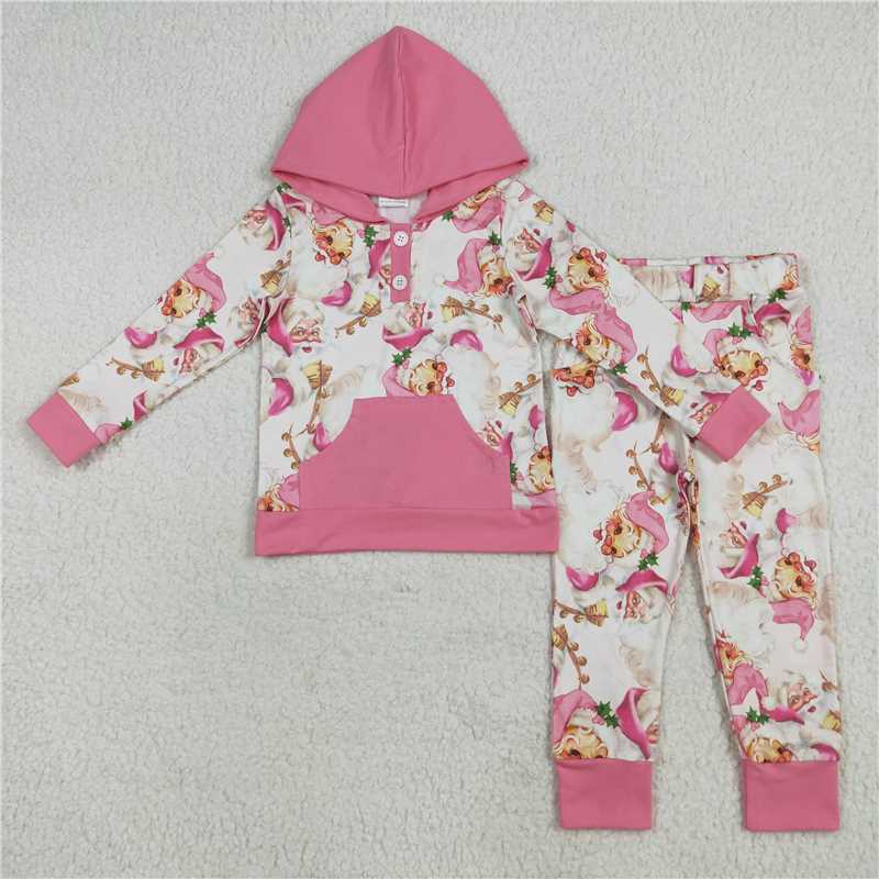7.25 GLP2474 Santa Claus pink pocket hooded long-sleeved trousers set