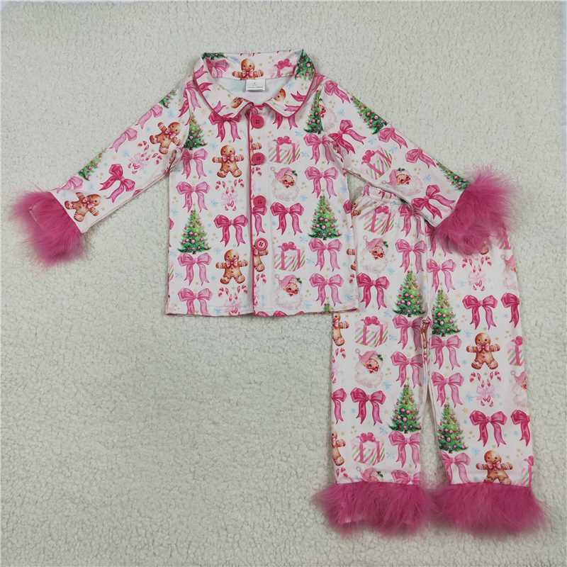 7.25 GLP2375 Gingerbread man Christmas tree bow pattern pink plush edge long sleeve long pants pajama set