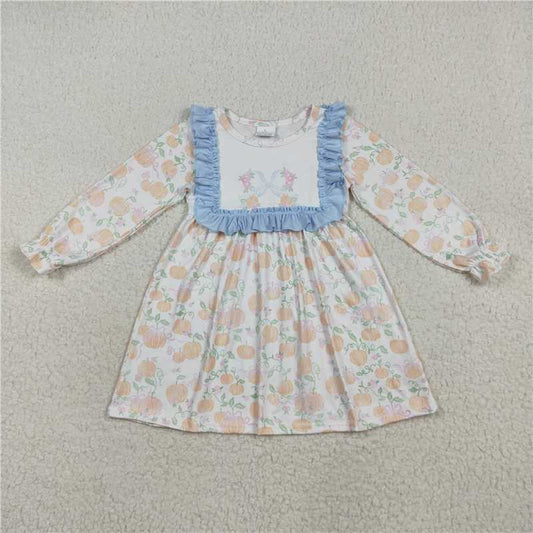 7.24 GLD1084 Pumpkin leaf blue bow pattern lace white long-sleeved dress