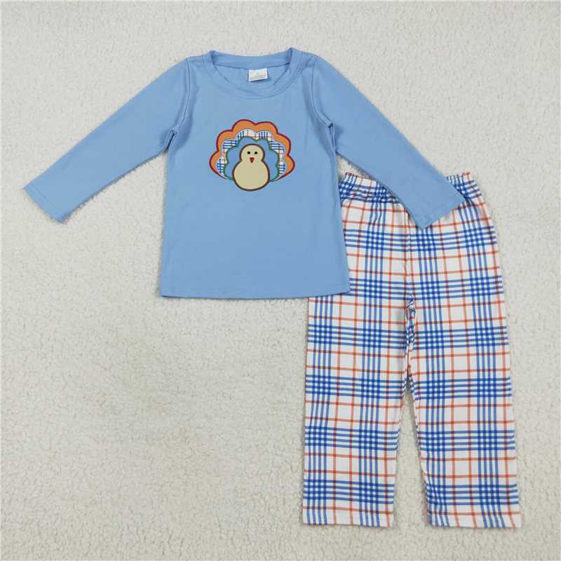 7.25  BLP1079 Embroidered Turkey Blue Long Sleeve Plaid Trousers Set