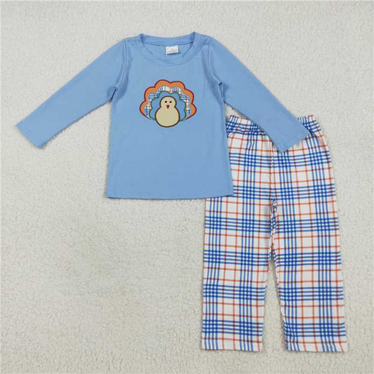 7.25  BLP1079 Embroidered Turkey Blue Long Sleeve Plaid Trousers Set