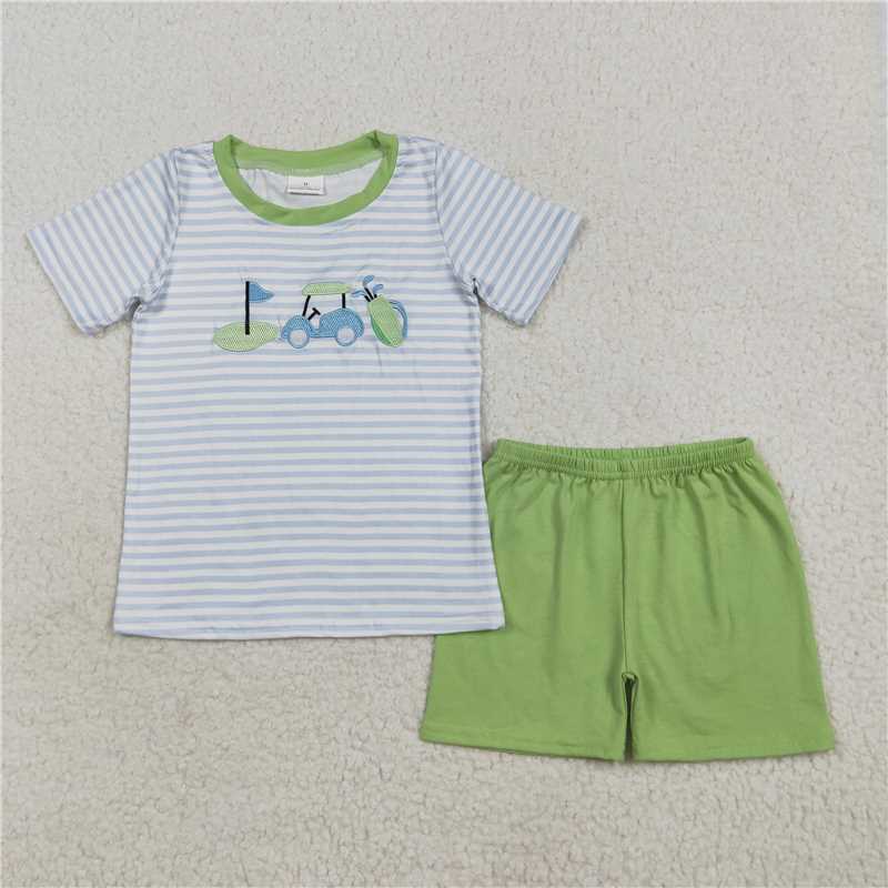 X12.8 BSSO1504 Embroidered Golf Ball Touring Vehicle Flag Blue and White Striped Short-Sleeved Shirt and Green Shorts Set