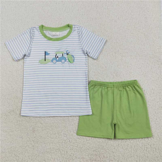 X12.8 BSSO1504 Embroidered Golf Ball Touring Vehicle Flag Blue and White Striped Short-Sleeved Shirt and Green Shorts Set
