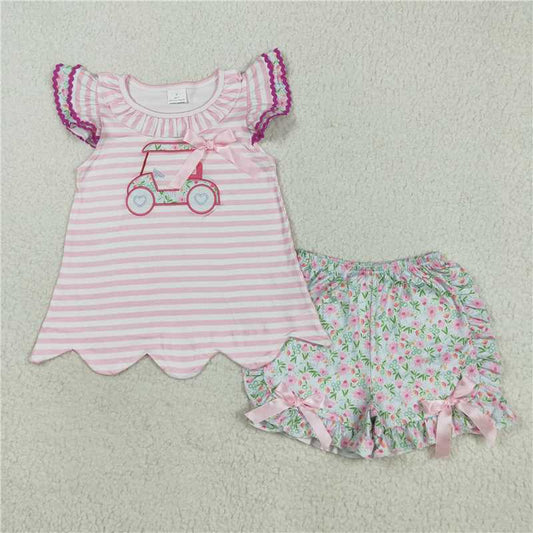 X829 GSSO2633 Embroidered Sightseeing Car Pink Striped Flying Sleeve Floral Shorts Set