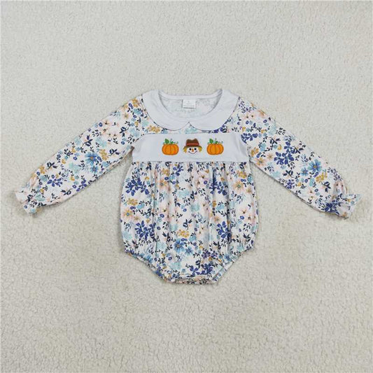 X916 LR2246 Embroidered pumpkin scarecrow, flowers, and leaves, long-sleeved bodysuit with a doll collar