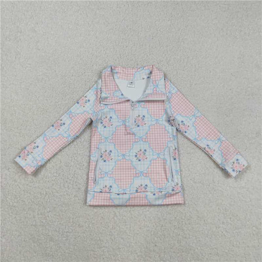 X828  GT1062 Floral Plaid Bow Pattern Yoga Zipper Long-Sleeved Top）