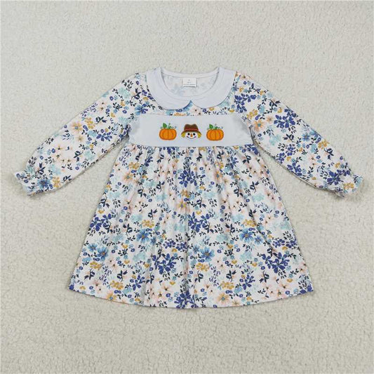X828 GLD1071 Embroidered Pumpkin Scarecrow, Flowers, and Leaves Long-Sleeved Doll Collar Dress