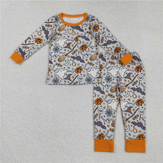 X830 BLP1147 Halloween Pumpkin Ghost Bat Broom Long Sleeve Pants Pajama Set
