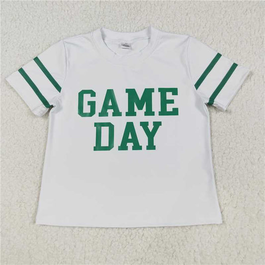 X828  GT1103 Game Day white yoga short-sleeved top with green offset lettering and stripes