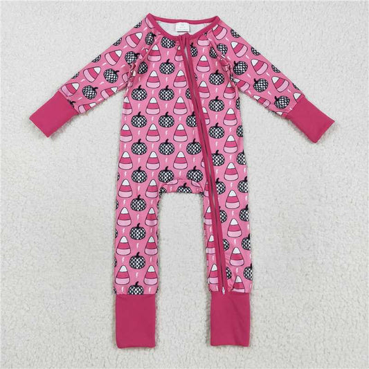 X829 LR2467 Halloween Plaid Pumpkin Candy Lightning Rose Red Zipper Long Sleeve Bodysuit